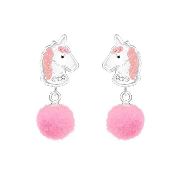 Unicorn Sterling Silver Pom Pom Earrings - Picture 1 of 4